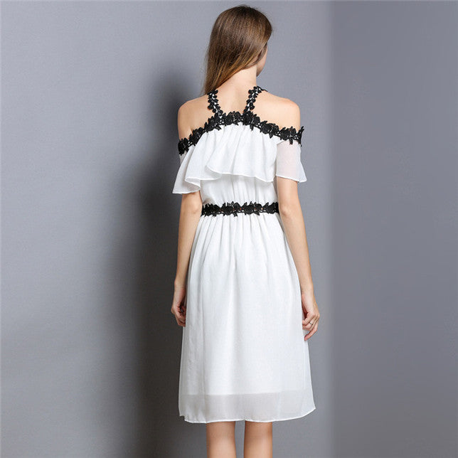 CM-DF020419 Women European Style Lace Splicing Off Shoulder Chiffon Dress - White
