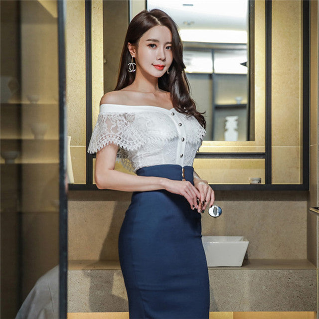 CM-SF030403 Women Stylish Boat Neck Lace Blouse With High Waist Skinny Skirt - Set