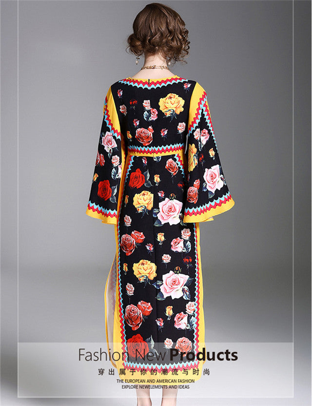 CM-DF030807 Women Elegant European Style Wraps Sleeve Floral Split Maxi Dress
