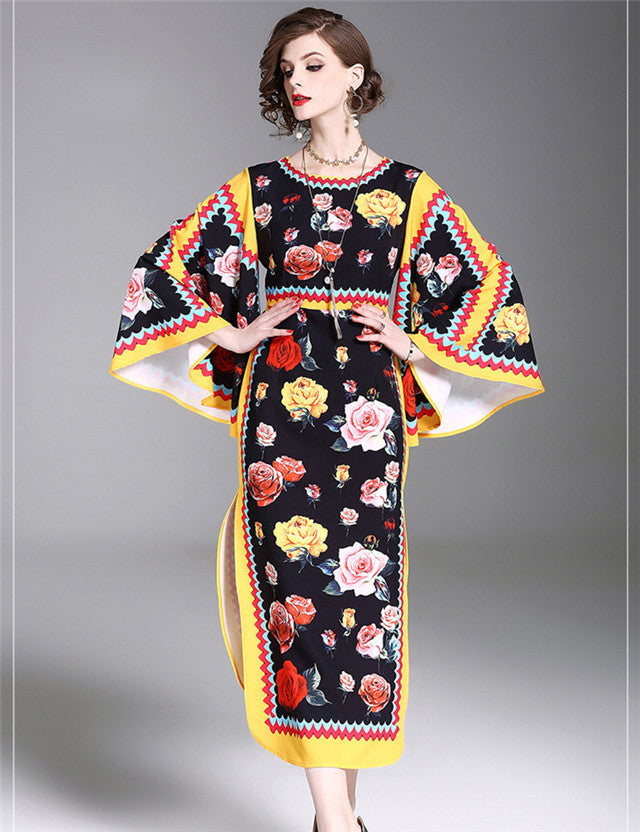 CM-DF030807 Women Elegant European Style Wraps Sleeve Floral Split Maxi Dress