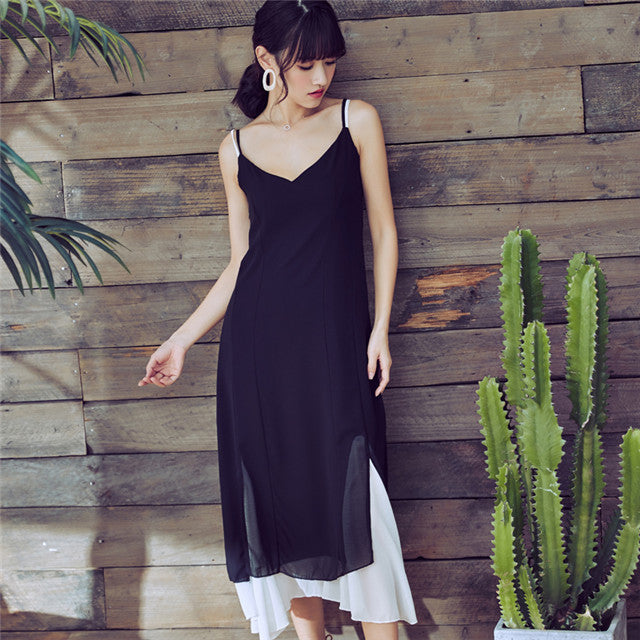 CM-DF030910 Women Summer Seoul Style Sleeveless Straps Chiffon Long Dress - Black