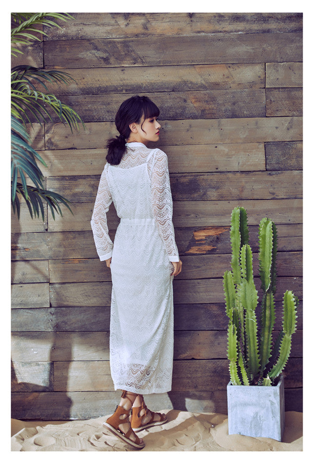 CM-DF031019 Women Seoul Style Lace Hollow Out Tie Waist Beach Dress - White