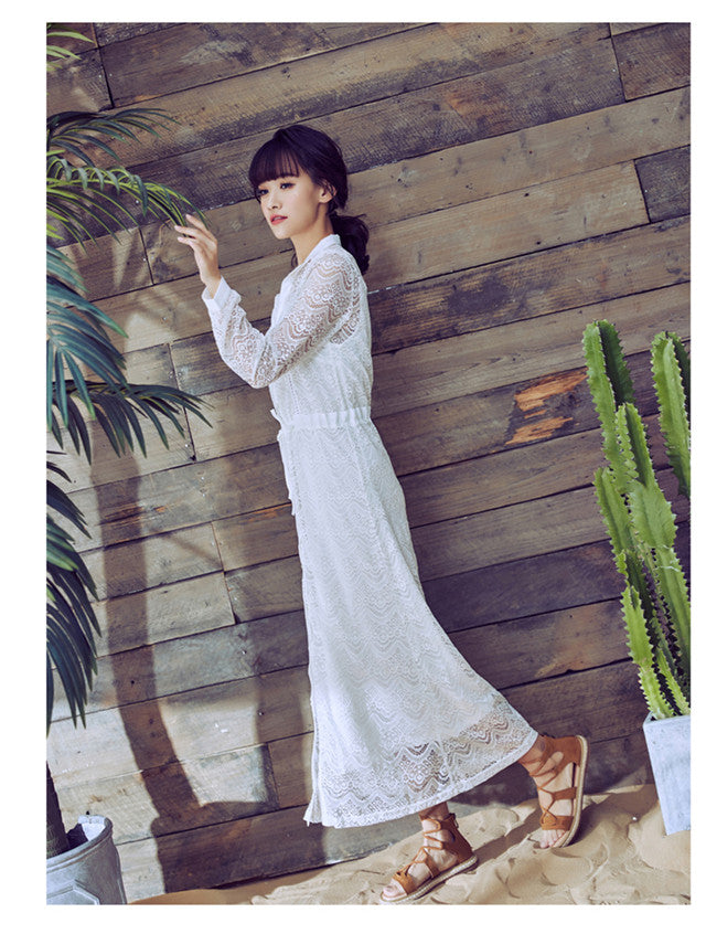 CM-DF031019 Women Seoul Style Lace Hollow Out Tie Waist Beach Dress - White