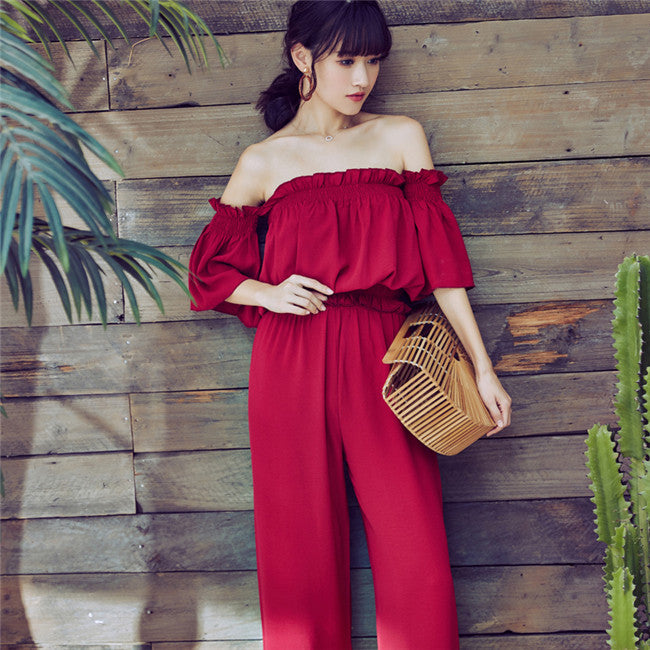 CM-SF031020 Women Casual Summer Boat Neck With Elastic Wide-Leg Pants - Set