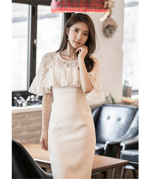 CM-DF031322 Women Elegant Seoul Style Lace Flouncing Collar Bodycon Dress - Beige