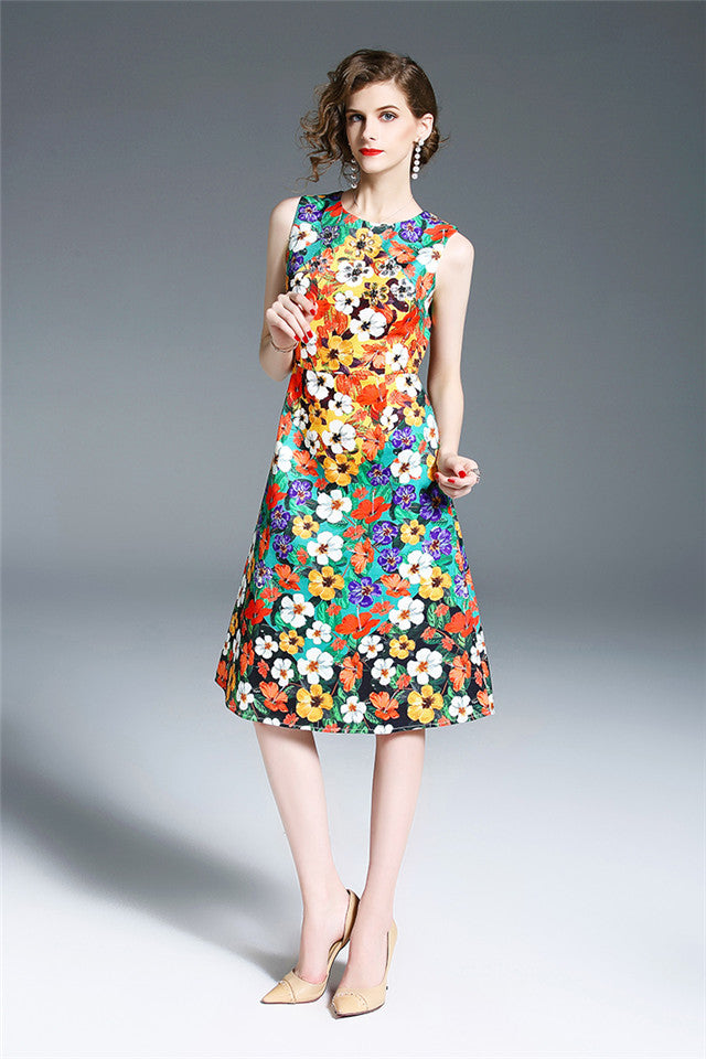 CM-DF031530 Women Summer Charming Jacquard Floral Sleeveless A-Line Dress