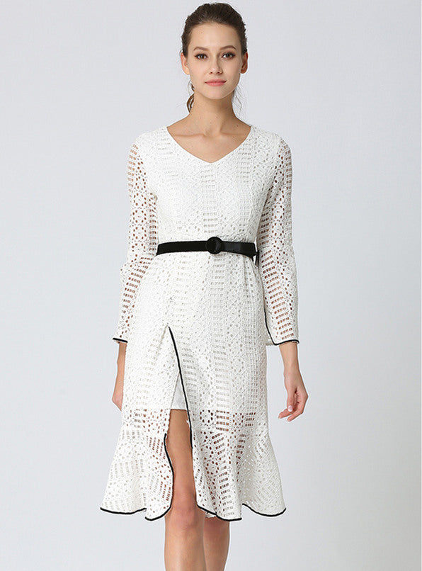 CM-DF031916 Women European Style Hollow Out Flare Sleeve Fishtail Dress - White