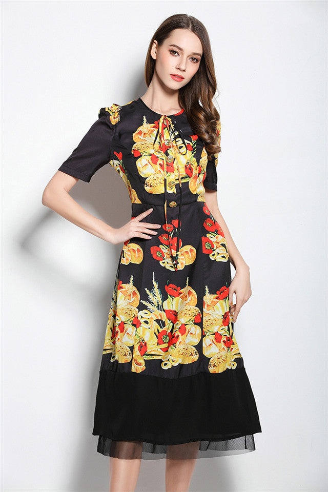 CM-DF032002 Women European Style High Waist Floral Fishtail Silk Dress - Black