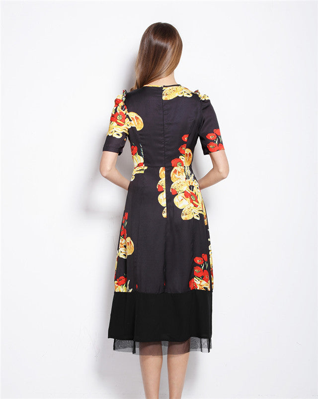 CM-DF032002 Women European Style High Waist Floral Fishtail Silk Dress - Black