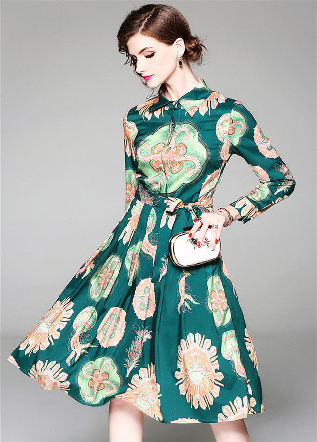 CM-DF032330 Women Retro Style Turn-Down Collar Floral Pleated A-Line Dress - Green