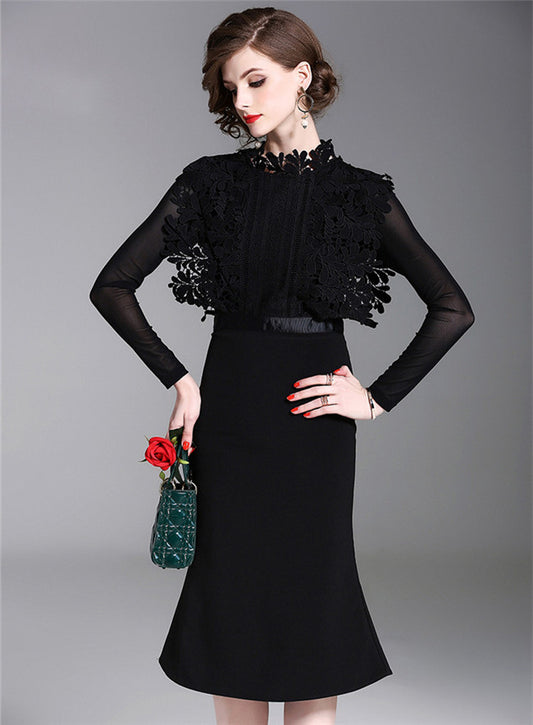 CM-DF032401 Women European Style Lace Floral Splicing Fishtail Slim Dress - Black