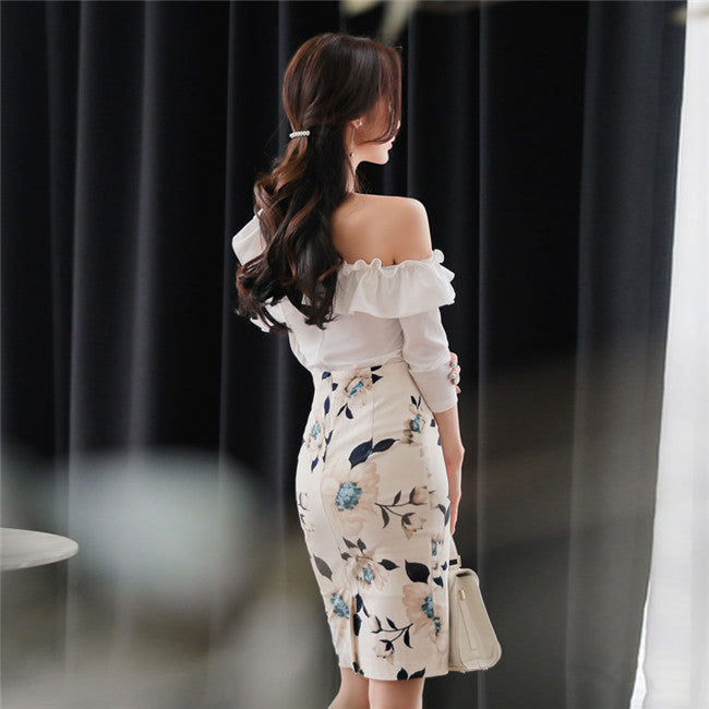 CM-SF032610 Women Seoul Style Off Shoulder Blouse With Floral Skinny Skirt - Set