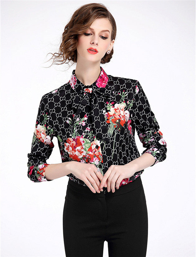 CM-TF032718 Women Elegant European Style Bowknot Collar Floral Slim Blouse