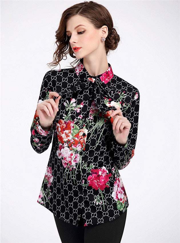 CM-TF032718 Women Elegant European Style Bowknot Collar Floral Slim Blouse