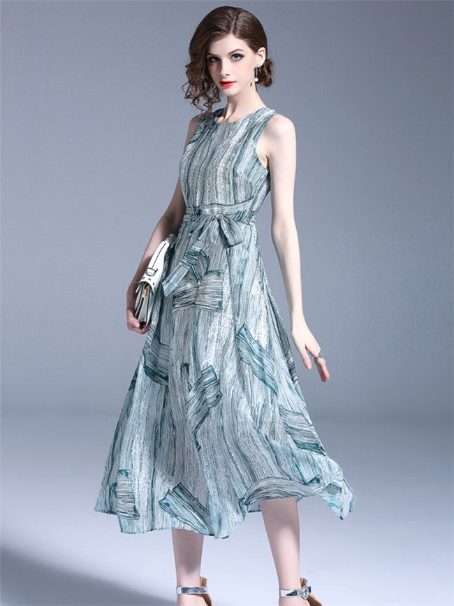 CM-DF041613 Women Casual European Style Tie Waist Printings Chiffon Maxi Dress - Green