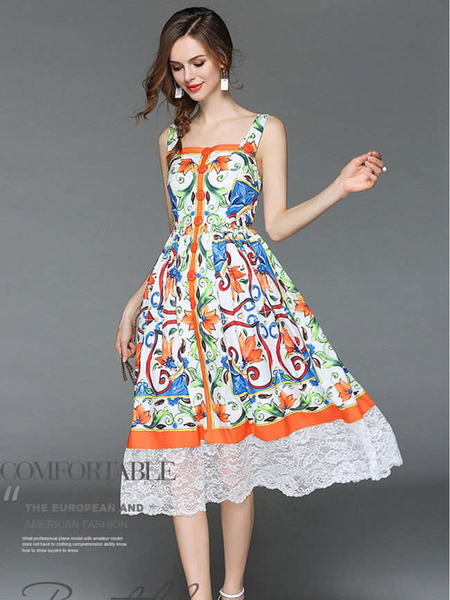 CM-DF041624 Women Charming Seoul Style Single-Breasted Lace Splicing Floral Straps Dress