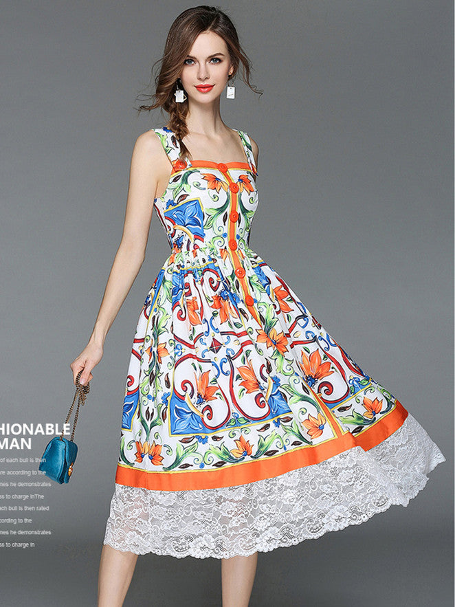 CM-DF041624 Women Charming Seoul Style Single-Breasted Lace Splicing Floral Straps Dress