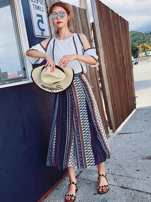 CM-SF041714 Women Seoul Style Off Shoulder Blouse with Stripes Wide-Leg Pants - Set