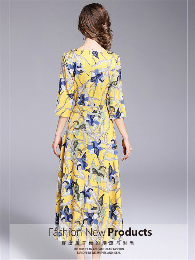 CM-DF041729 Women Casual European Style Round Neck Floral Maxi Dress - Yellow