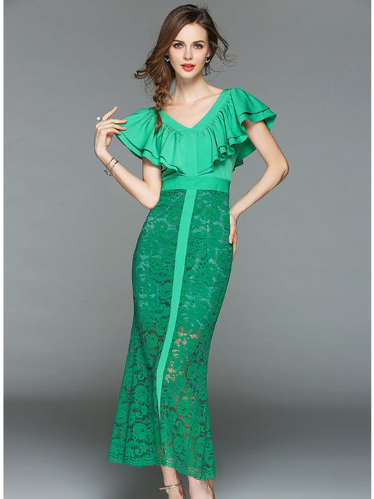 CM-DF042201 Women Elegant European Style Flouncing High Waist Lace Maxi Dress - Green