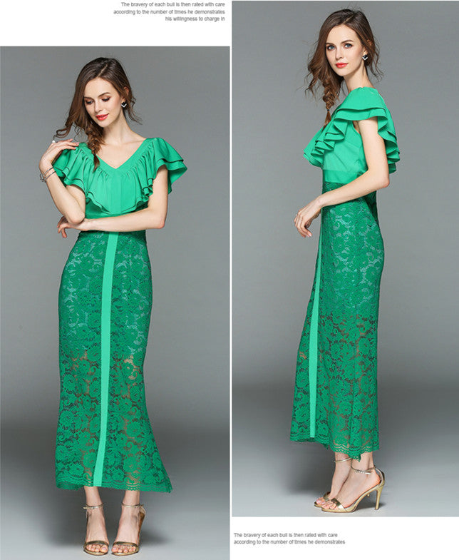 CM-DF042201 Women Elegant European Style Flouncing High Waist Lace Maxi Dress - Green
