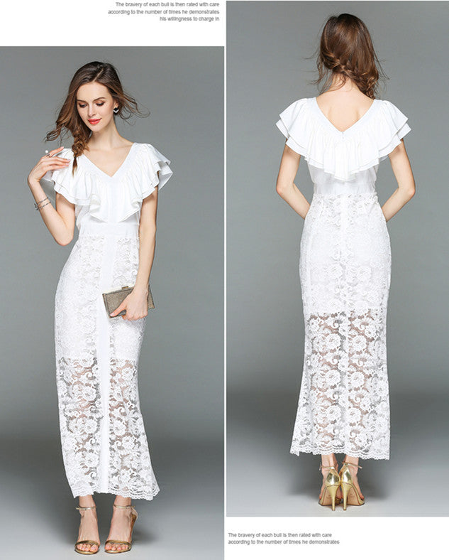 CM-DF042201 Women Elegant European Style Flouncing High Waist Lace Maxi Dress - White
