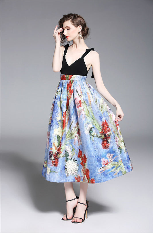 CM-DF042210 Women Casual Seoul Style High Waist Backless Floral A-Line Long Dress