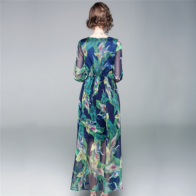 CM-DF042214 Women Casual Bohemian Style V-Neck High Waist Floral Maxi Dress - Green
