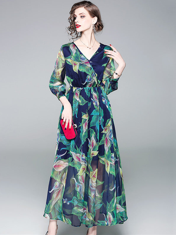 CM-DF042214 Women Casual Bohemian Style V-Neck High Waist Floral Maxi Dress - Green