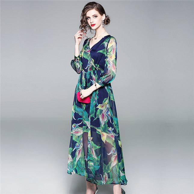 CM-DF042214 Women Casual Bohemian Style V-Neck High Waist Floral Maxi Dress - Green