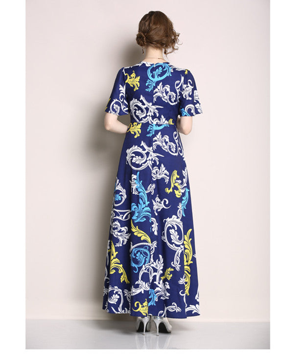CM-DF042315 Women Retro Style High Waist Butterfly V-Neck Floral Maxi Dress - Blue
