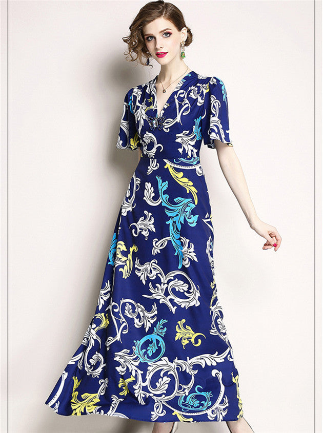 CM-DF042315 Women Retro Style High Waist Butterfly V-Neck Floral Maxi Dress - Blue