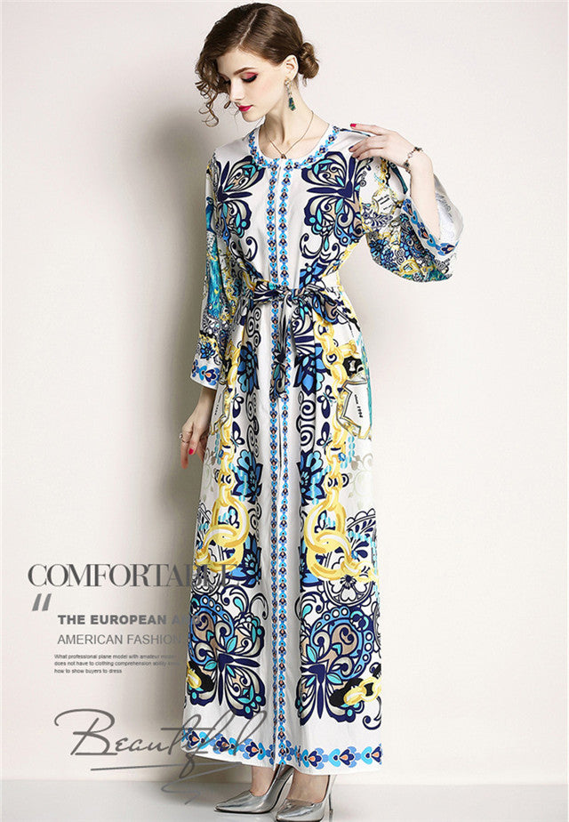 CM-DF042316 Women Charming Seoul Style Tie Waist Flare Sleeve Split Floral Maxi Dress