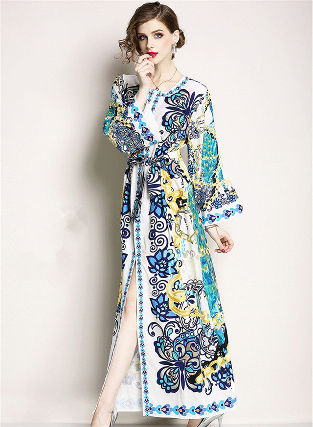 CM-DF042316 Women Charming Seoul Style Tie Waist Flare Sleeve Split Floral Maxi Dress