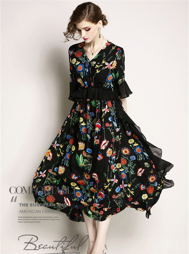 CM-DF042317 Women Charming Bohemian Elastic Waist Floral Flouncing Maxi Dress - Black