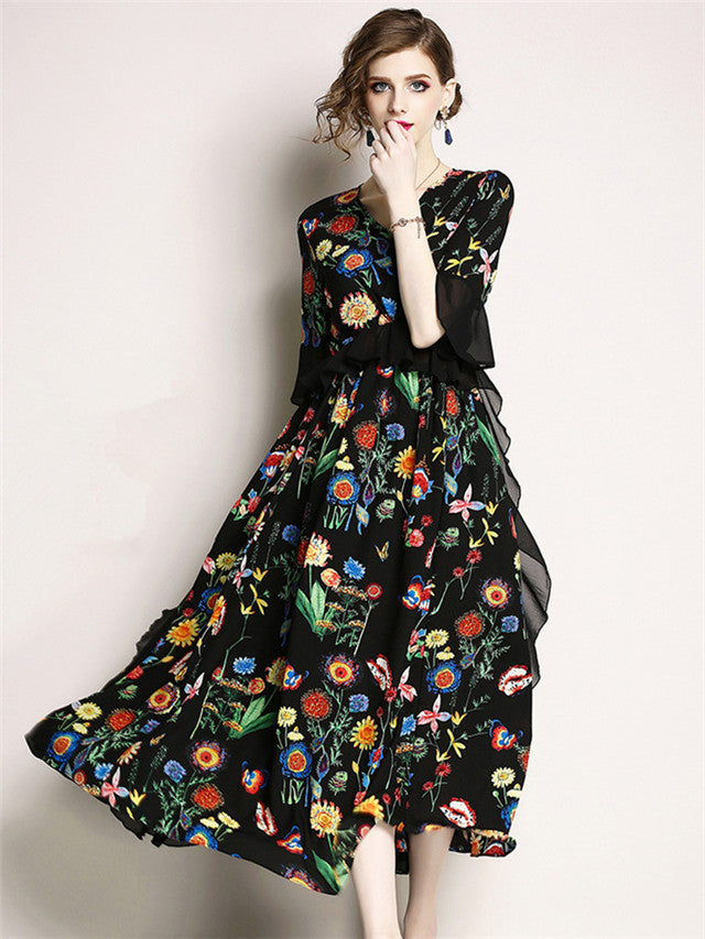 CM-DF042317 Women Charming Bohemian Elastic Waist Floral Flouncing Maxi Dress - Black