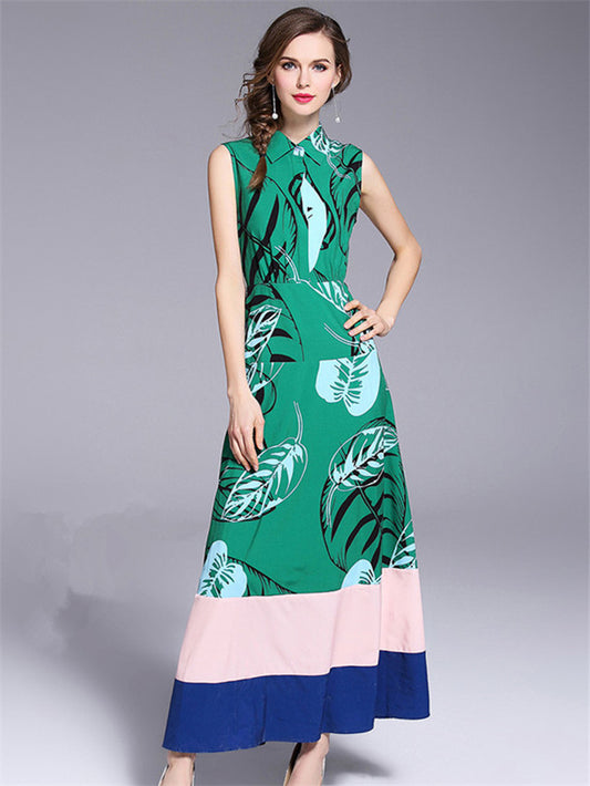 CM-DF042416 Women Elegant Seoul Style Doll Collar High Waist Floral Tank Maxi Dress - Green