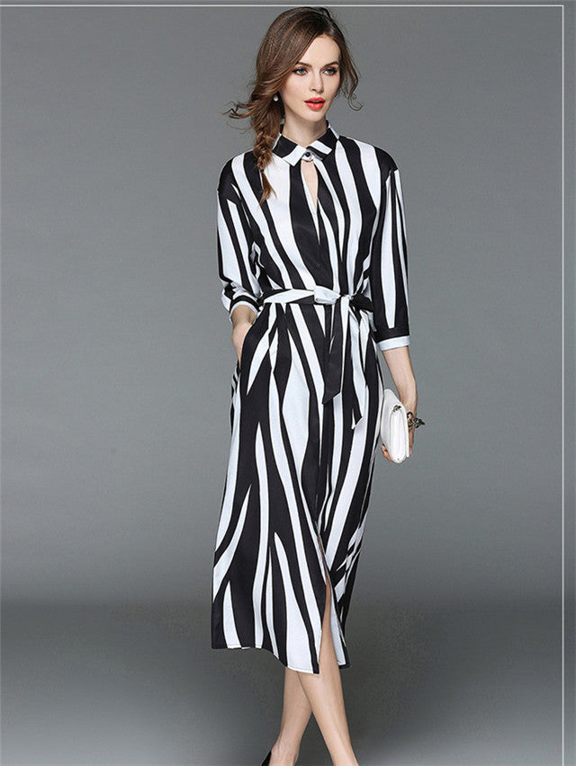 CM-DF042417 Women Classic Style Shirt Collar Zebra Stripes Split Long Dress