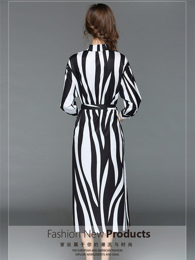 CM-DF042417 Women Classic Style Shirt Collar Zebra Stripes Split Long Dress