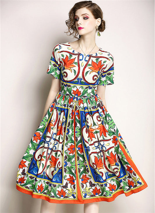 CM-DF042501 Women Casual European Style Round Neck Floral Pleated A-Line Dress