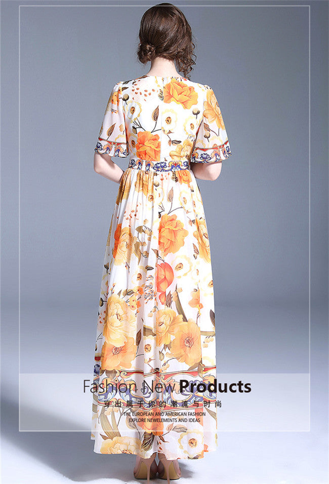 CM-DF042504 Women Casual European Style High Waist Floral Printings Flare Sleeve Maxi Dress