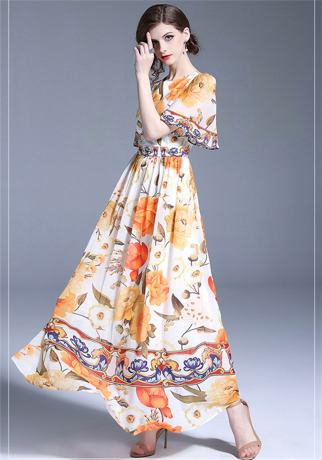 CM-DF042504 Women Casual European Style High Waist Floral Printings Flare Sleeve Maxi Dress