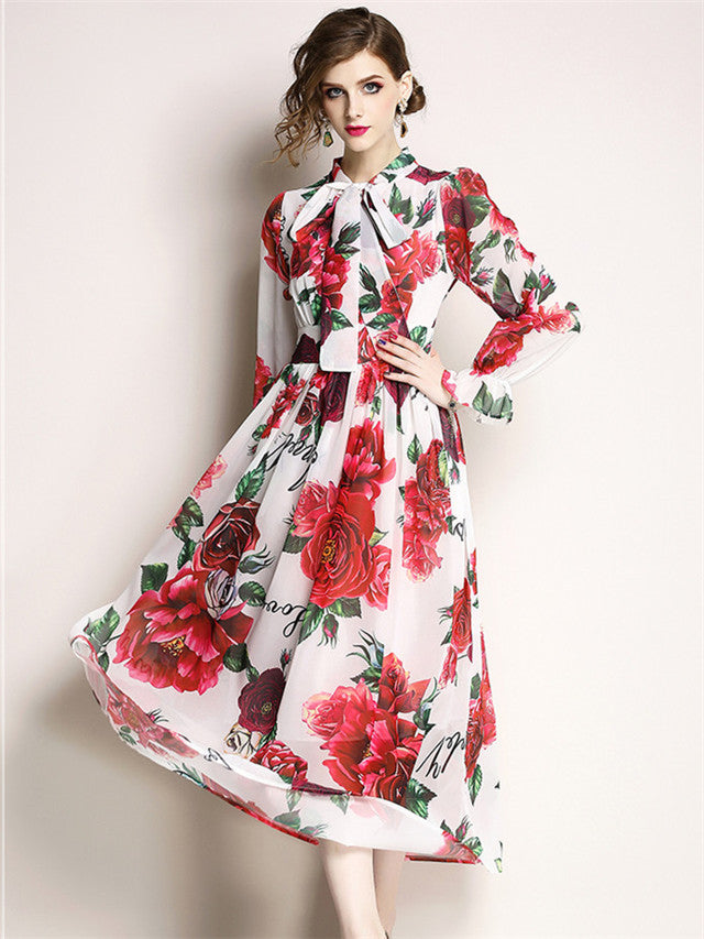CM-DF042515 Women Elegant Seoul Style Tie Collar High Waist Floral Chiffon Maxi Dress