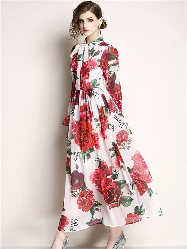 CM-DF042515 Women Elegant Seoul Style Tie Collar High Waist Floral Chiffon Maxi Dress