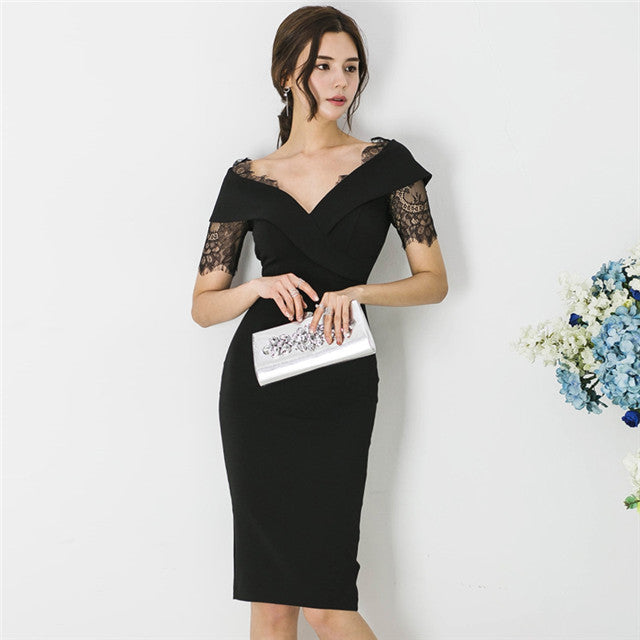 CM-DF050703 Women Elegant Seoul Style V-Neck Lace Sleeve Skinny Dress - Black