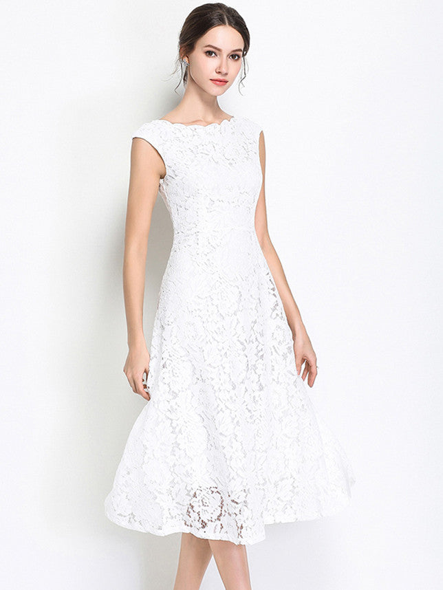 CM-DF050802 Women Elegant European Style Slim Waist Sleeveless Lace Dress - White