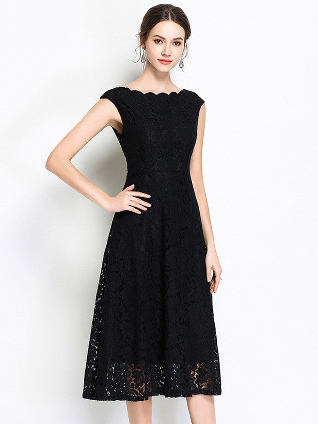 CM-DF050802 Women Elegant European Style Slim Waist Sleeveless Lace Dress - Black