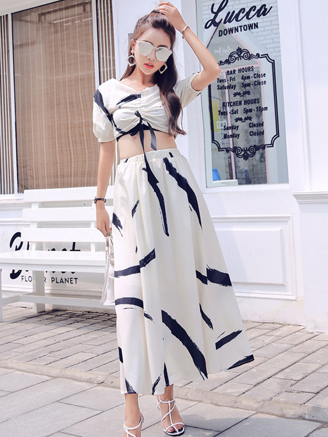 CM-SF050819 Women Summer Seoul Style Bare-Midriff Top With Long Skirt - Set