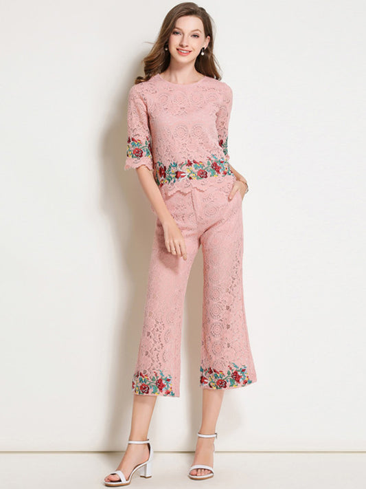 CM-SF051020 Women European Style Floral Embroidery Top With Lace Pants - Set