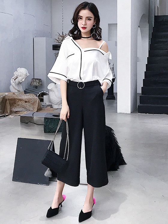 CM-SF051216 Women Casual Off Shoulder Blouse With Wide-Leg Cropped Pants - Set